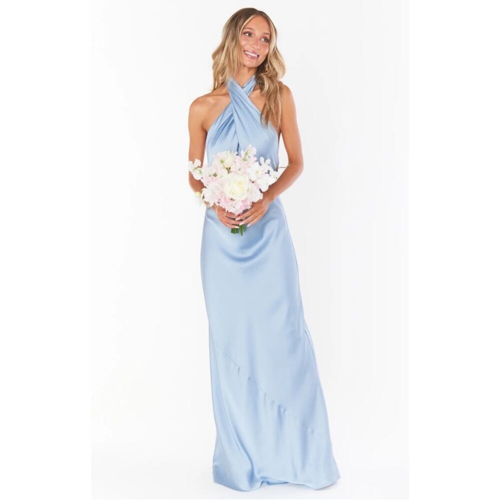 Show Me Your Mumu Jasmine Halter Maxi Dress Steel Blue Luxe Satin S